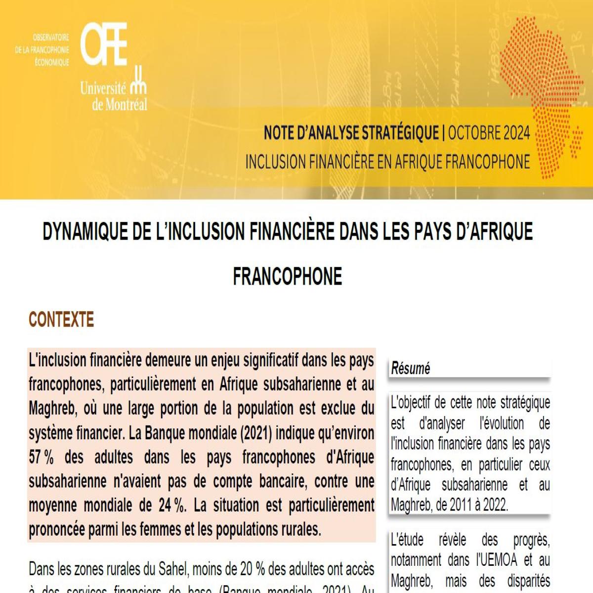 Dynamique de l'inclusion financière dans les pays d'Afrique francophone (Octobre 2024)