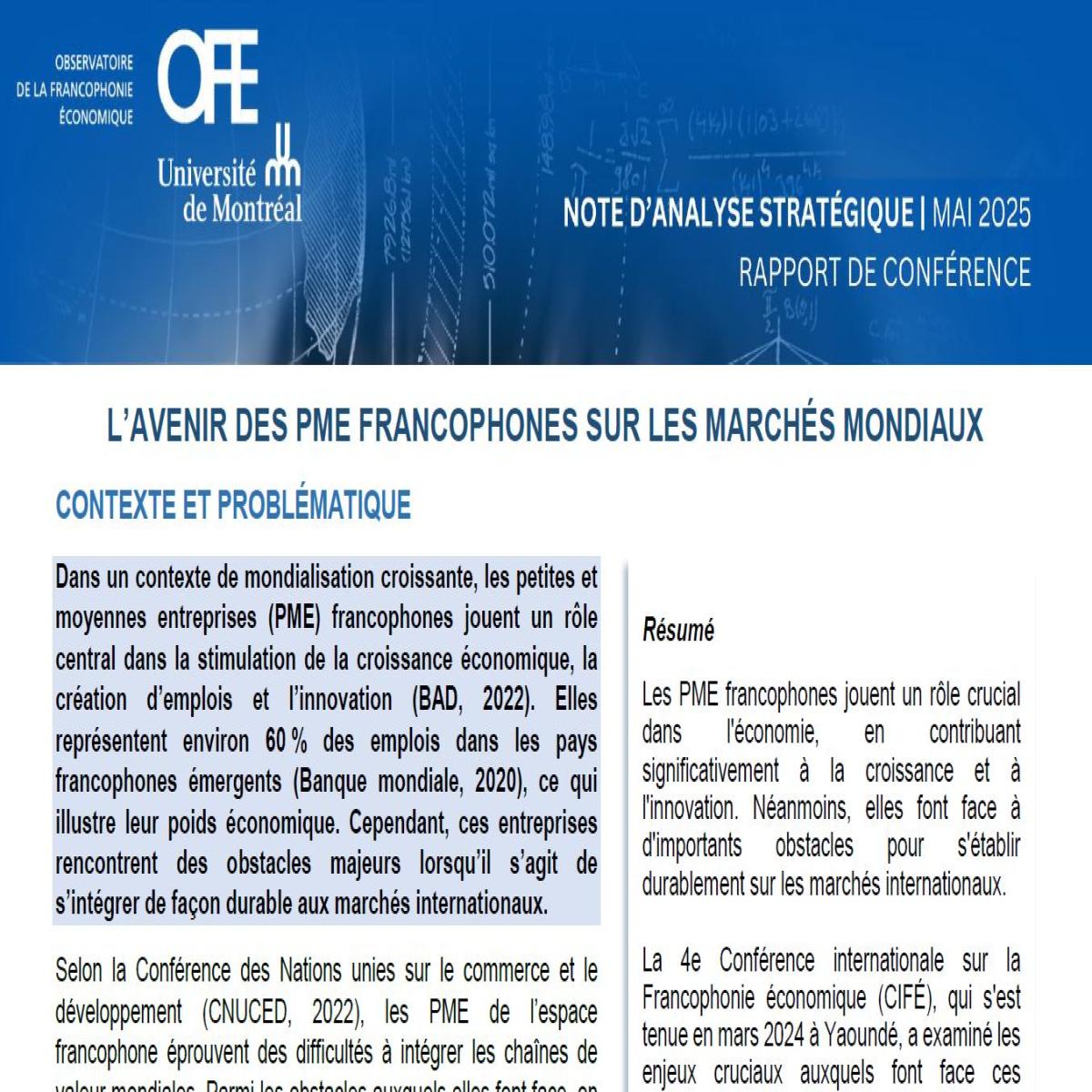 L'avenir des PME francophones sur les marchés mondiaux (Rapport de conférence )
